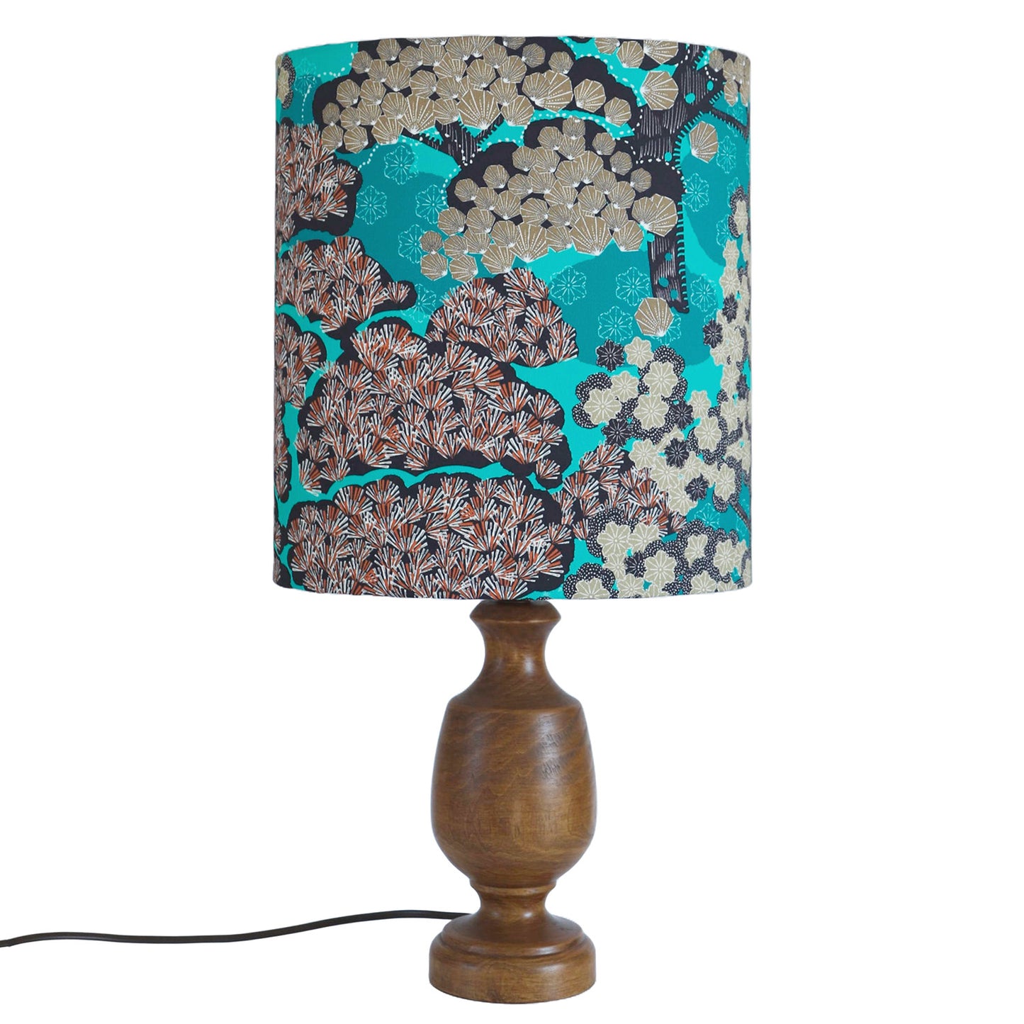 Lampe à poser, pied en bois et abat-jour oval imprimé