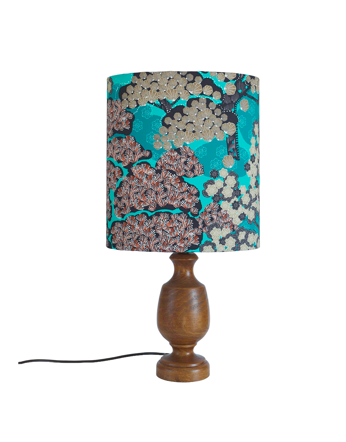 Lampe à poser, pied en bois et abat-jour oval imprimé