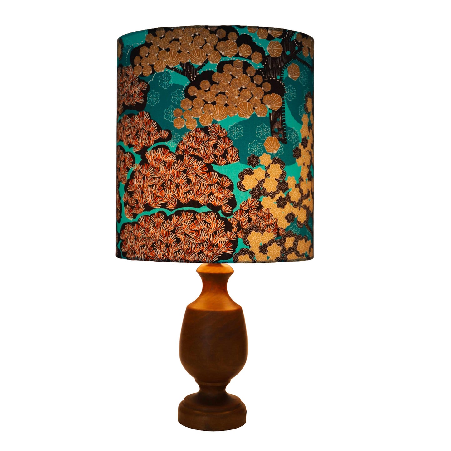 Lampe à poser, pied en bois et abat-jour oval imprimé