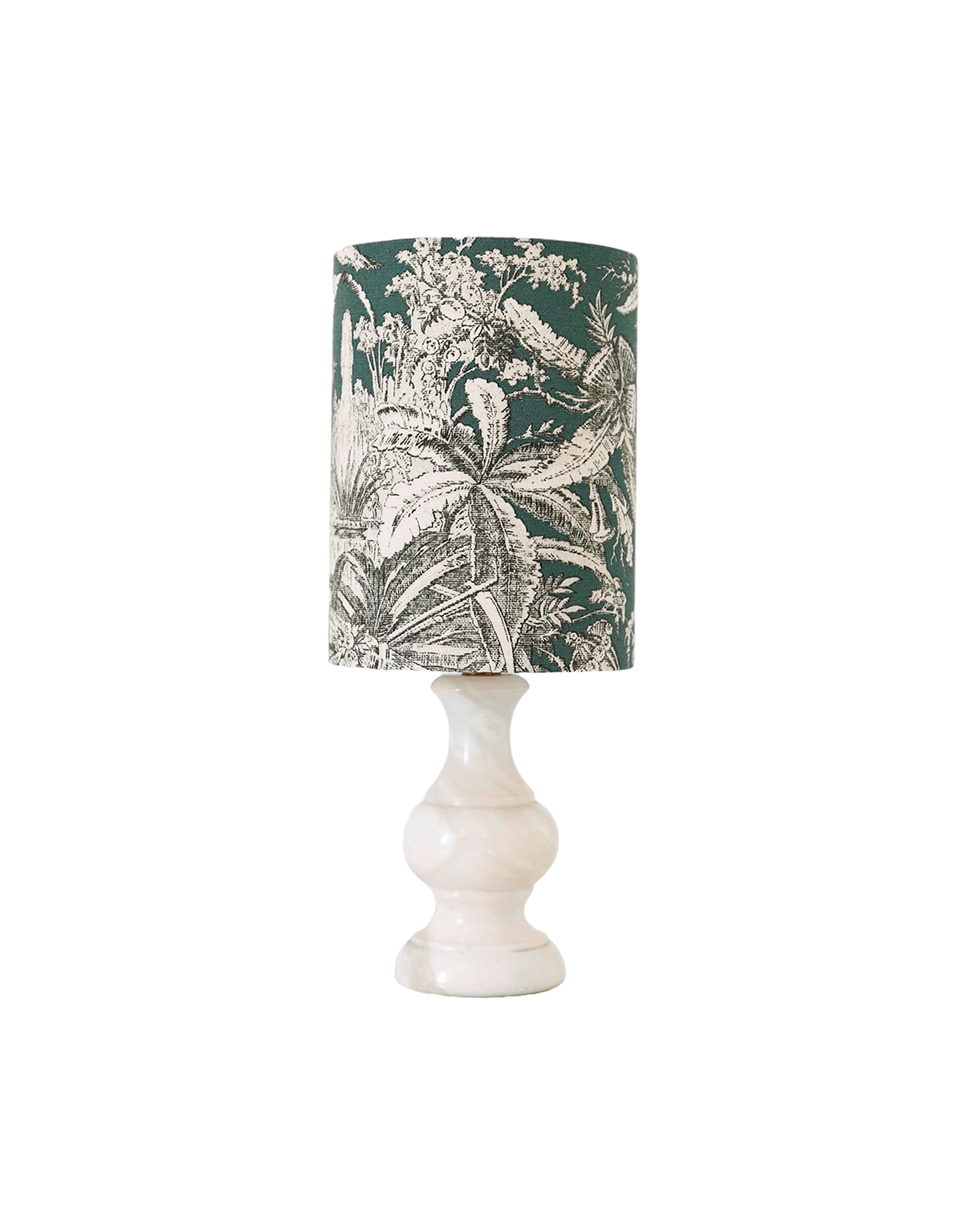 Petite lampe à poser ancienne, pied en marbre et abat-jour imprimé