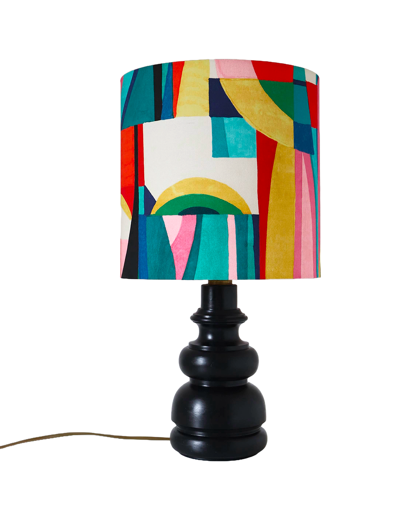 Lampe à poser vintage, pied bois massif et abat-jour multicolore