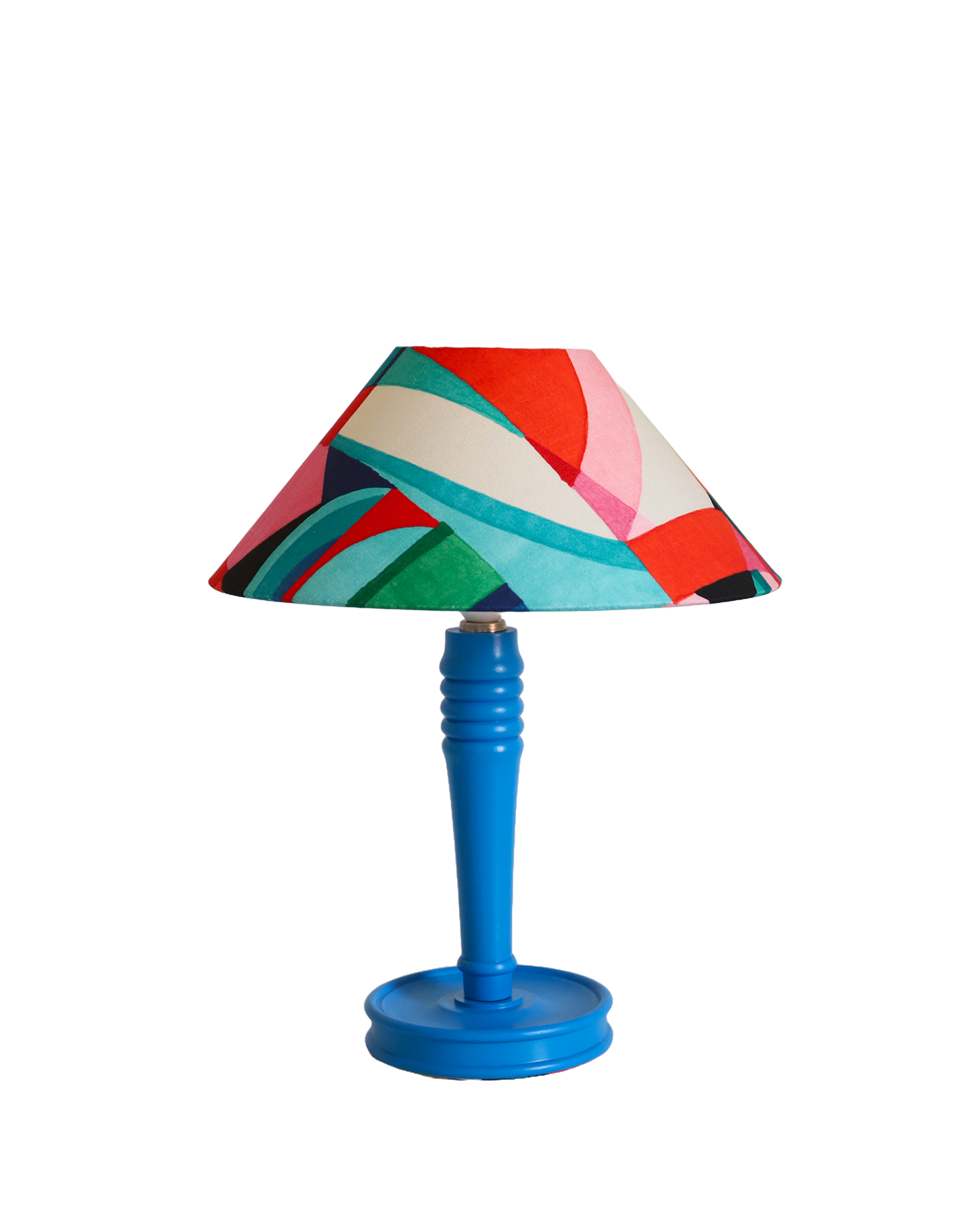 Lampe à poser, pied en bois bleu et abat-jour imprimé multicolore