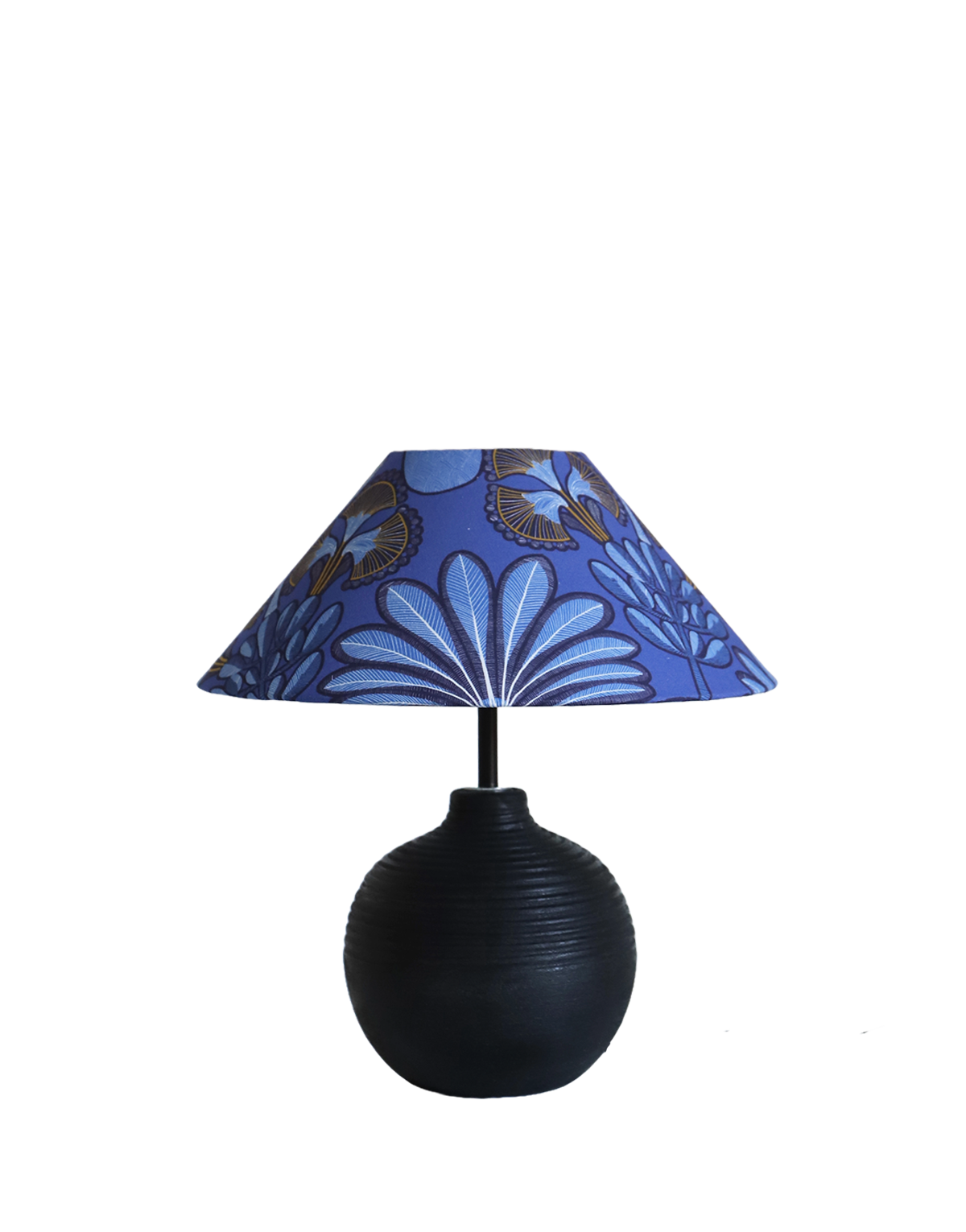 Lampe à poser, pied en terre-cuite et abat-jour conique imprimé