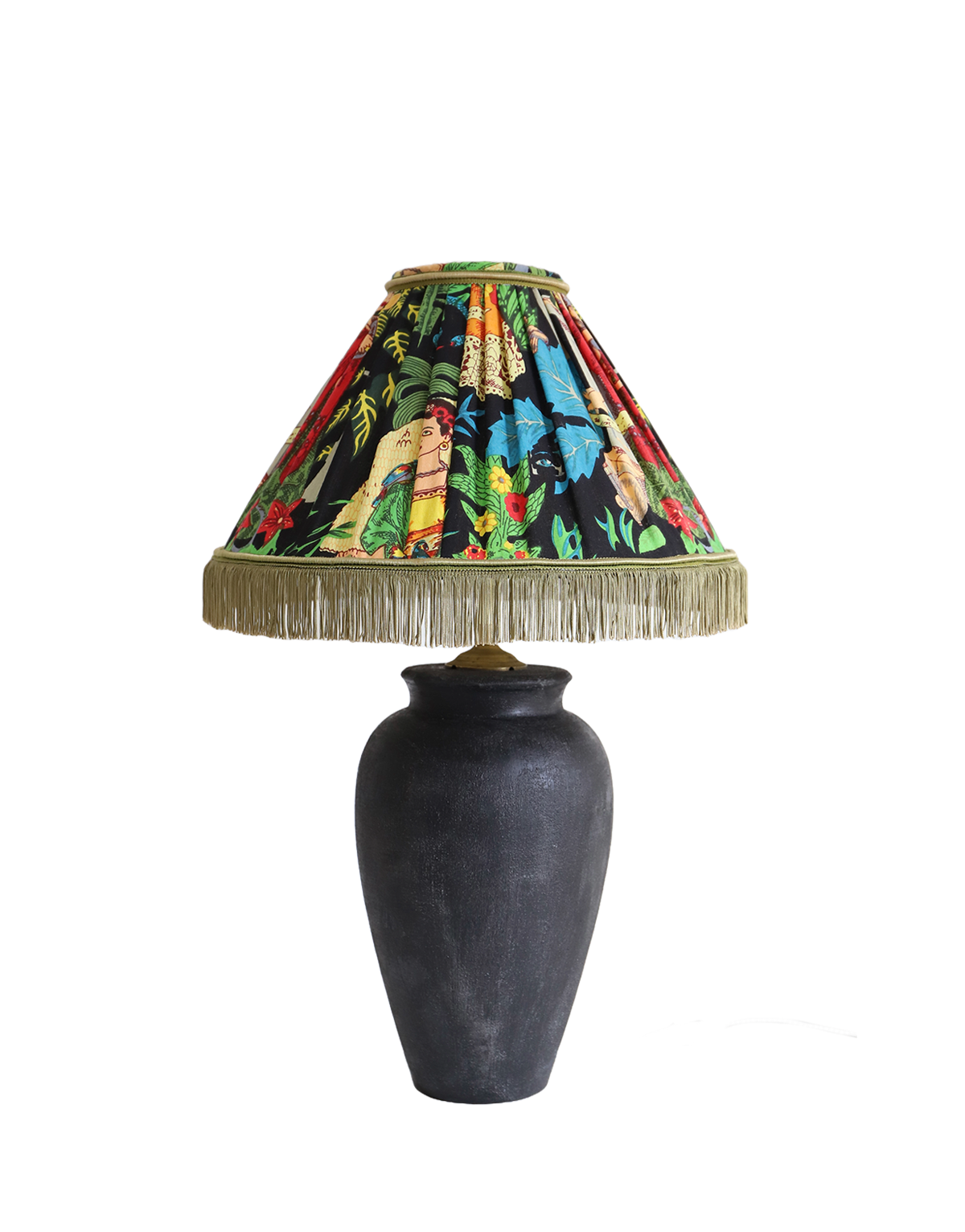 Lampe à poser, pied en céramique noire et abat-jour vintage imprimé