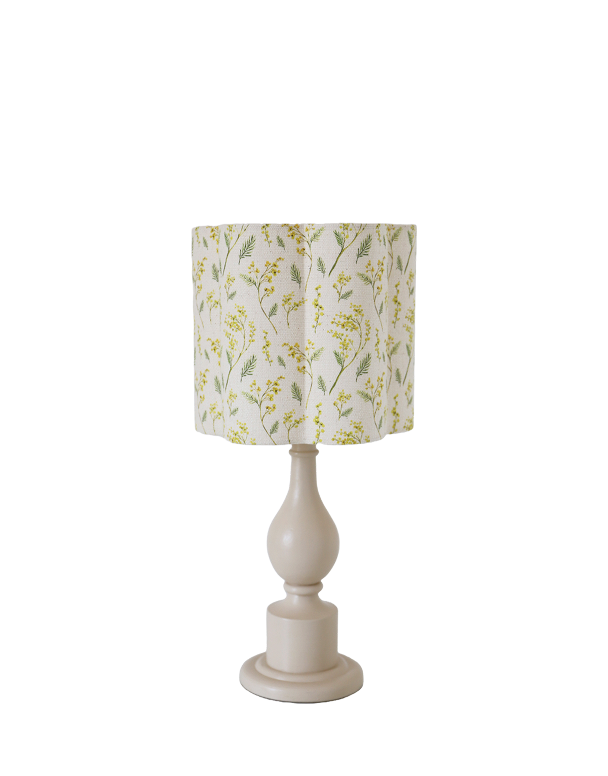 Lampe à poser, pied en bois tourné et abat-jour imprimé "mimosas"