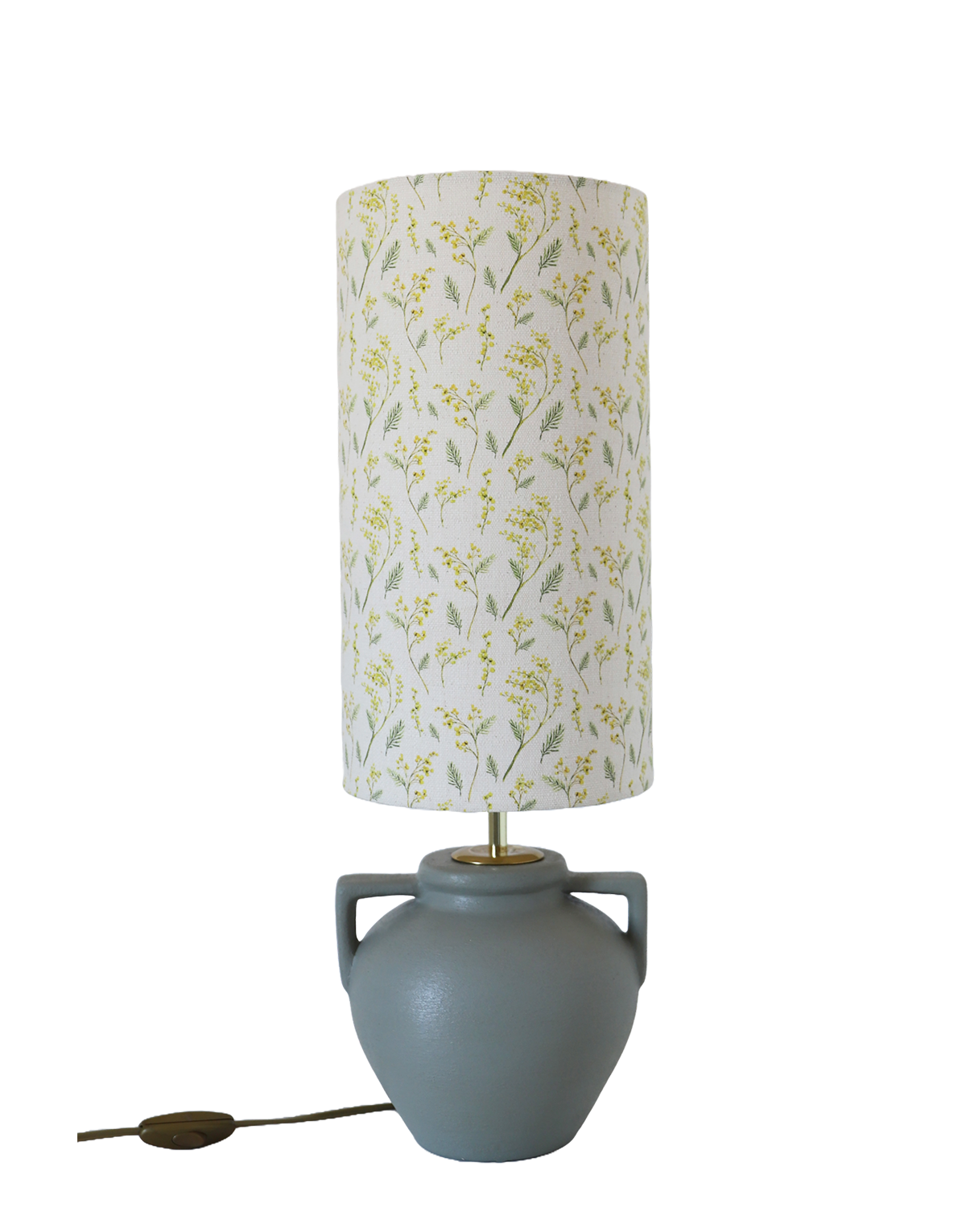 Lampe à poser, pied vase à anses géométriques et abat-jour imprimé