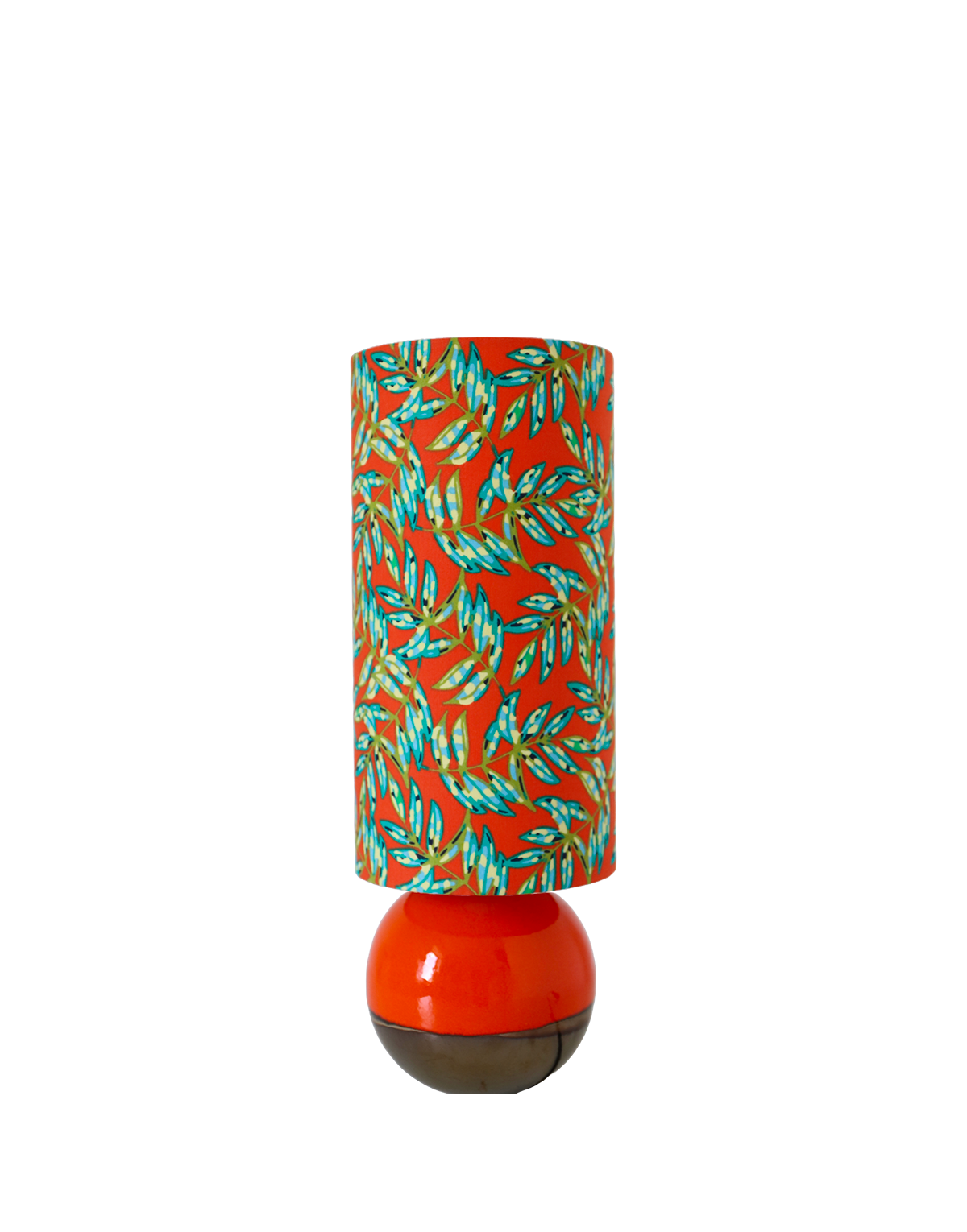 Lampe à poser, pied en céramique émaillée orange et abat-jour imprimé