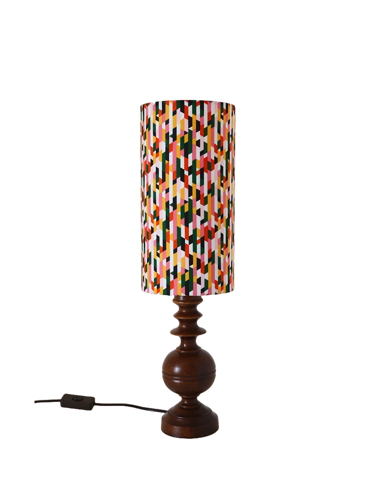 Lampe à poser, pied en bois tourné brun foncé et abat-jour imprimé