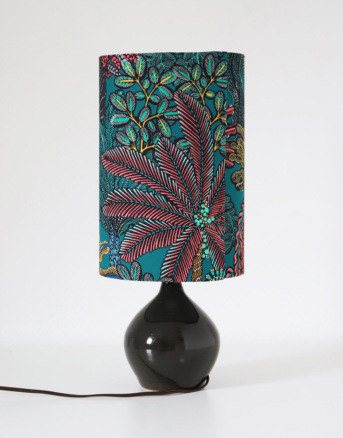 Lampe en grès émaillé années 70 abat-jour oval imprimé