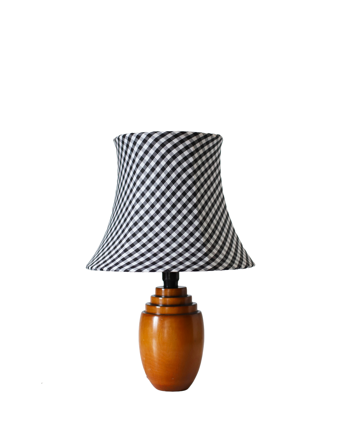 Lampe à poser, pied en bois art déco et abat-jour pagode vichy noir