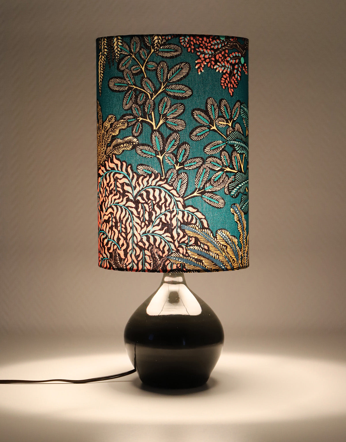 Lampe en grès émaillé années 70 abat-jour oval imprimé