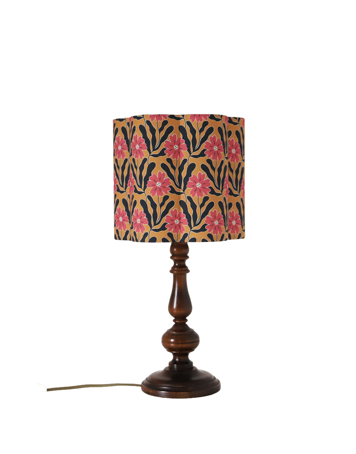 Lampe à poser, pied en bois tourné et abat-jour forme fleur imprimé