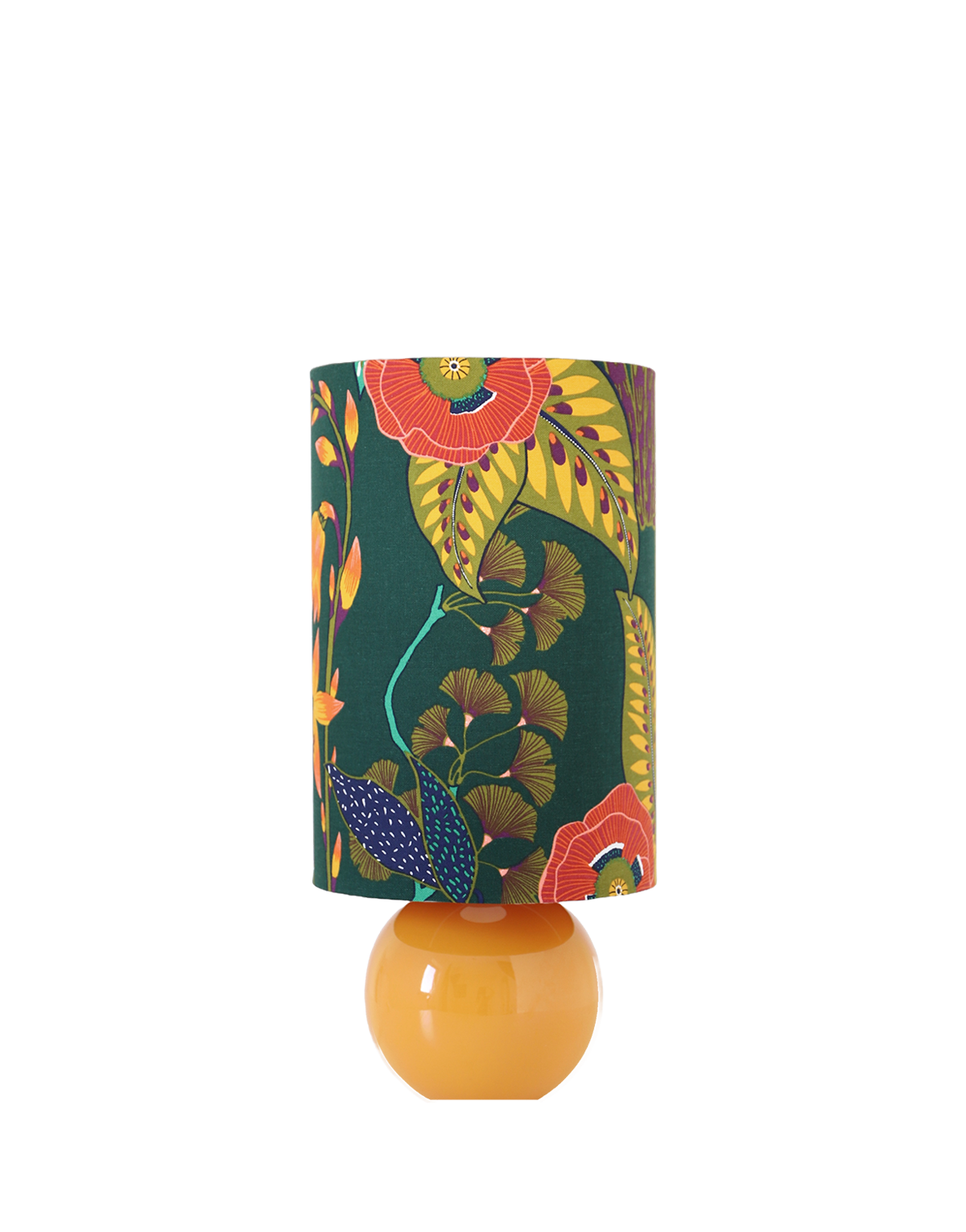 Lampe à poser, pied en céramique émaillée jaune et abat-jour imprimé