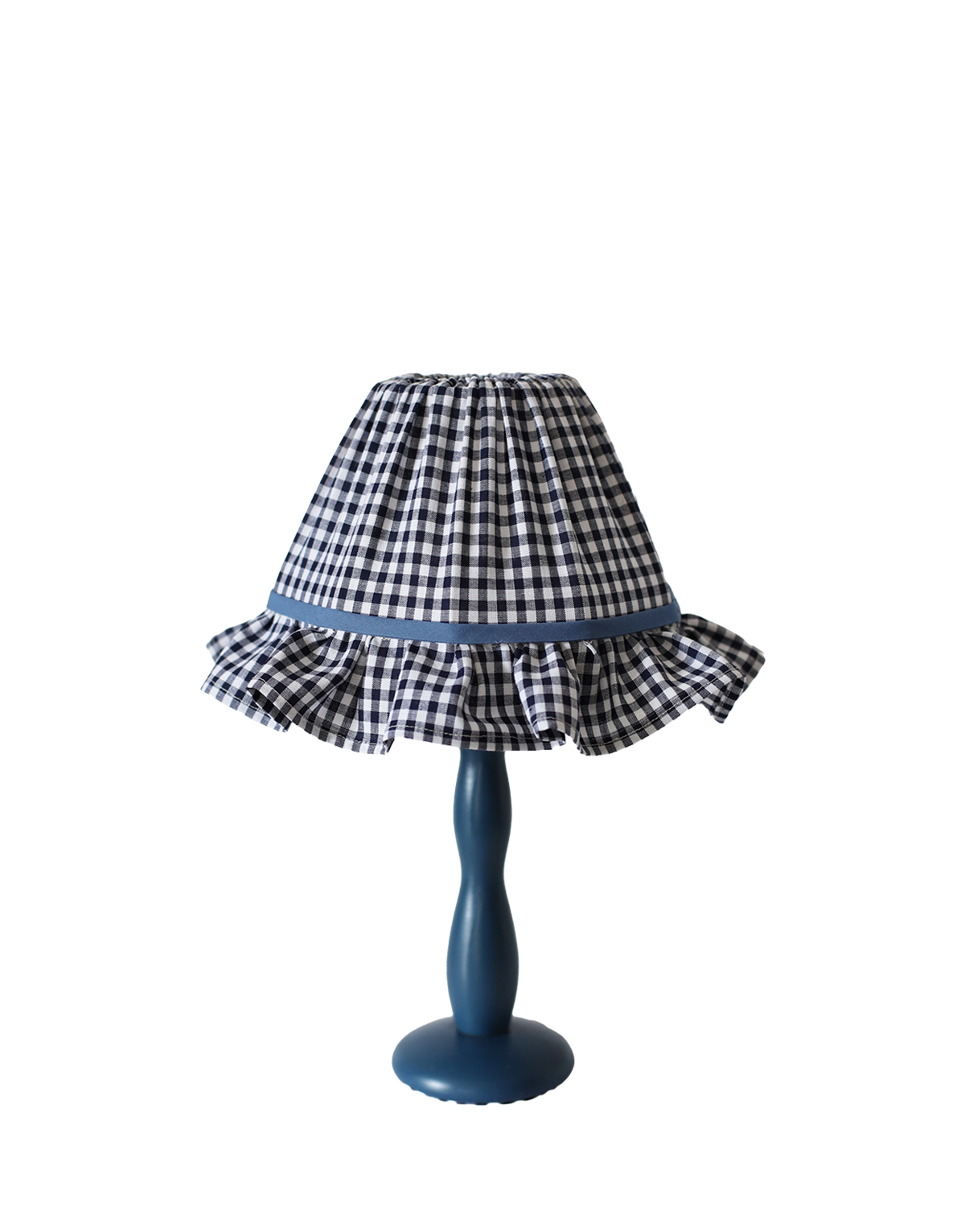Lampe à poser, pied en bois bleu et abat-jour avec volant