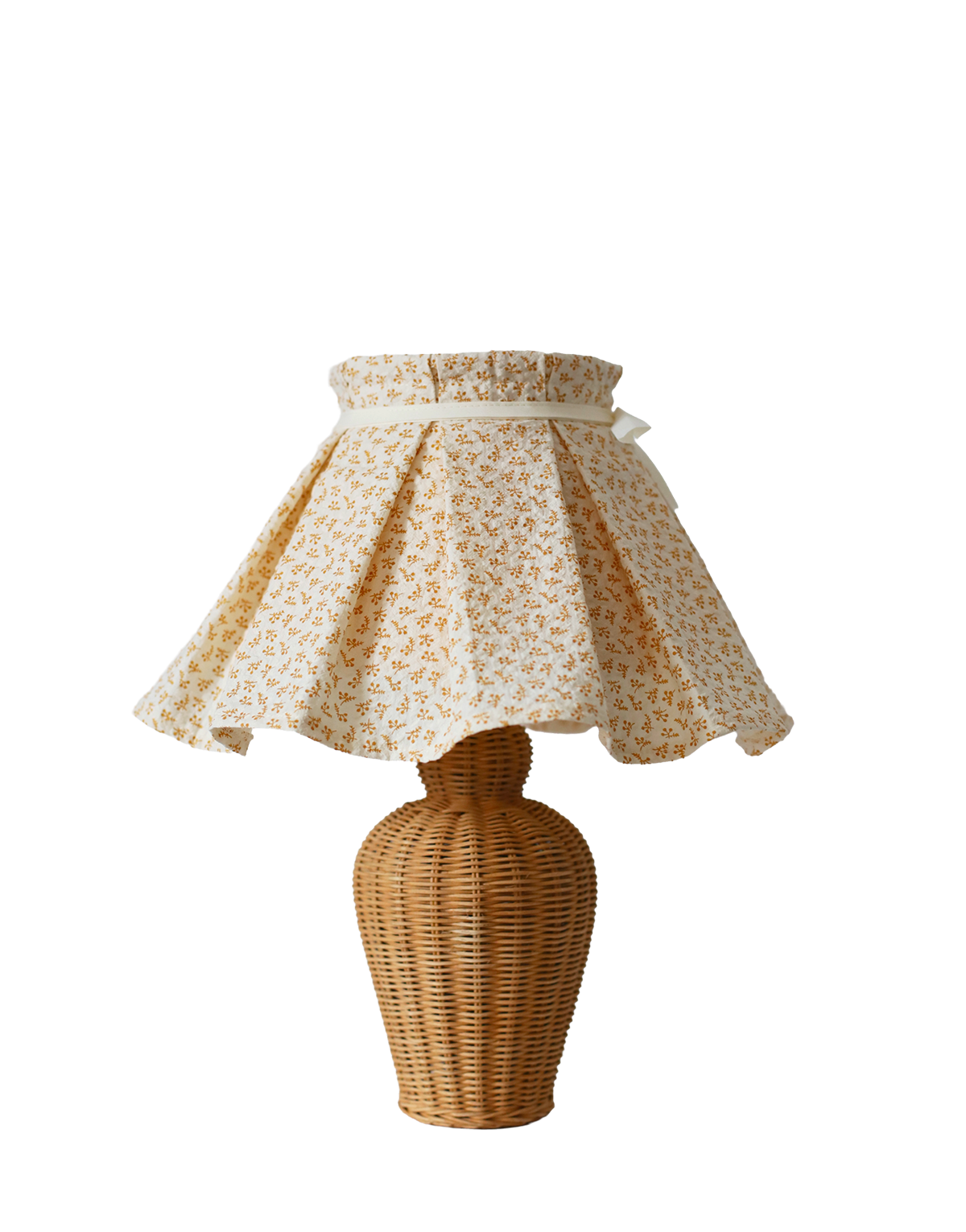 Lampe à poser, pied en rotin années '70 et abat-jour plissé amovible