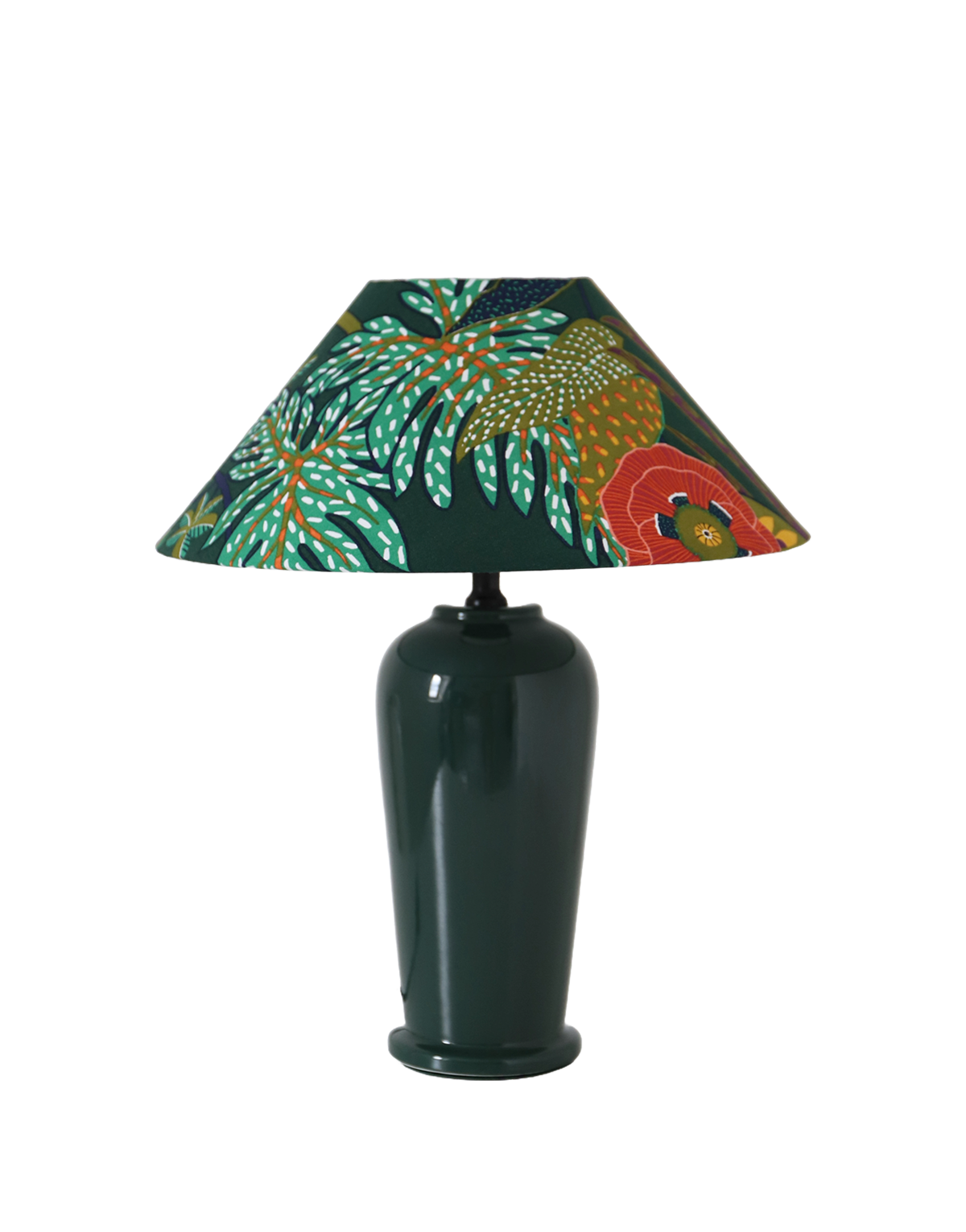 Lampe à poser, pied en céramique émaillée vert et abat-jour conique imprimé