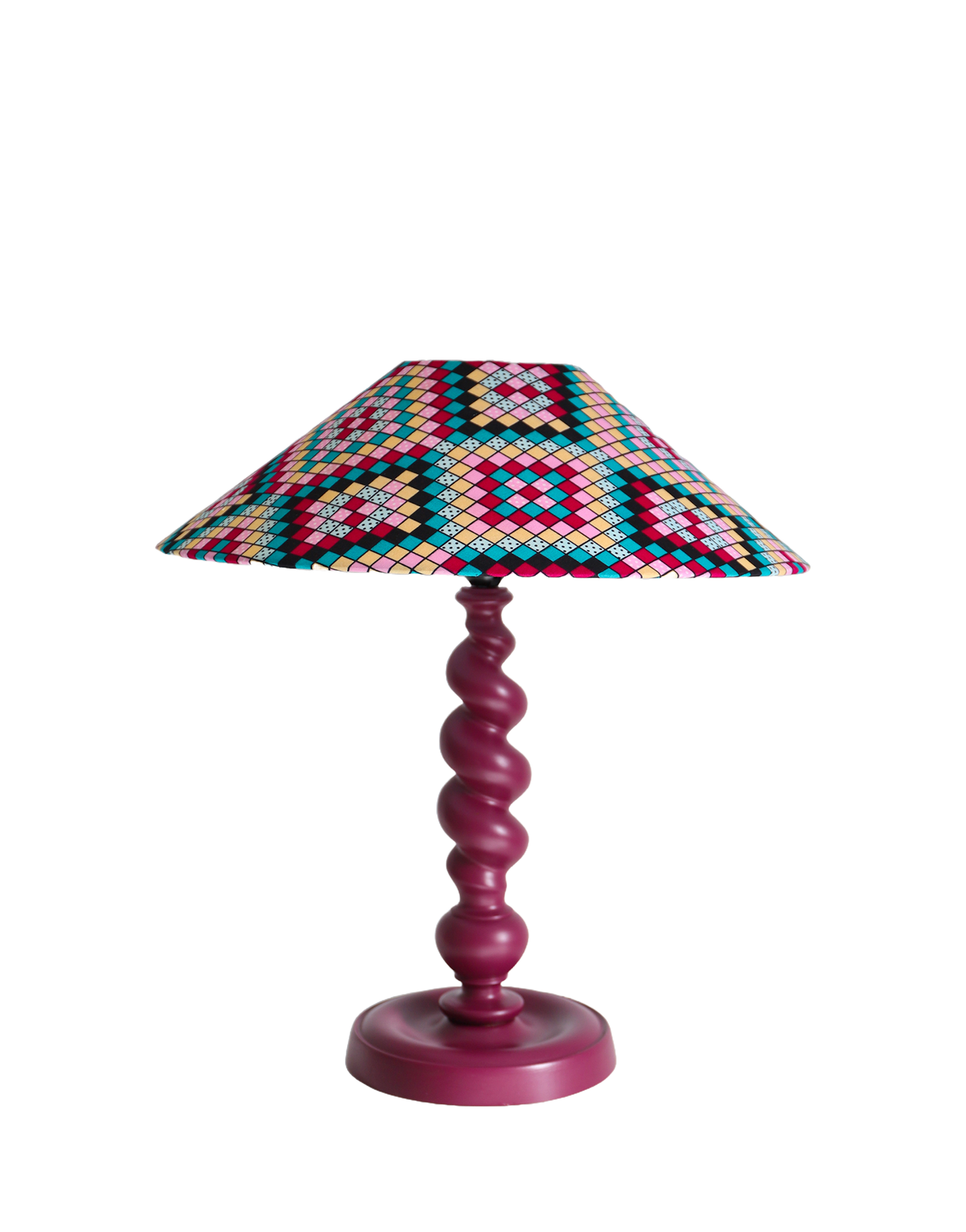 Lampe à poser, pied en bois tourné et abat-jour conique imprimé