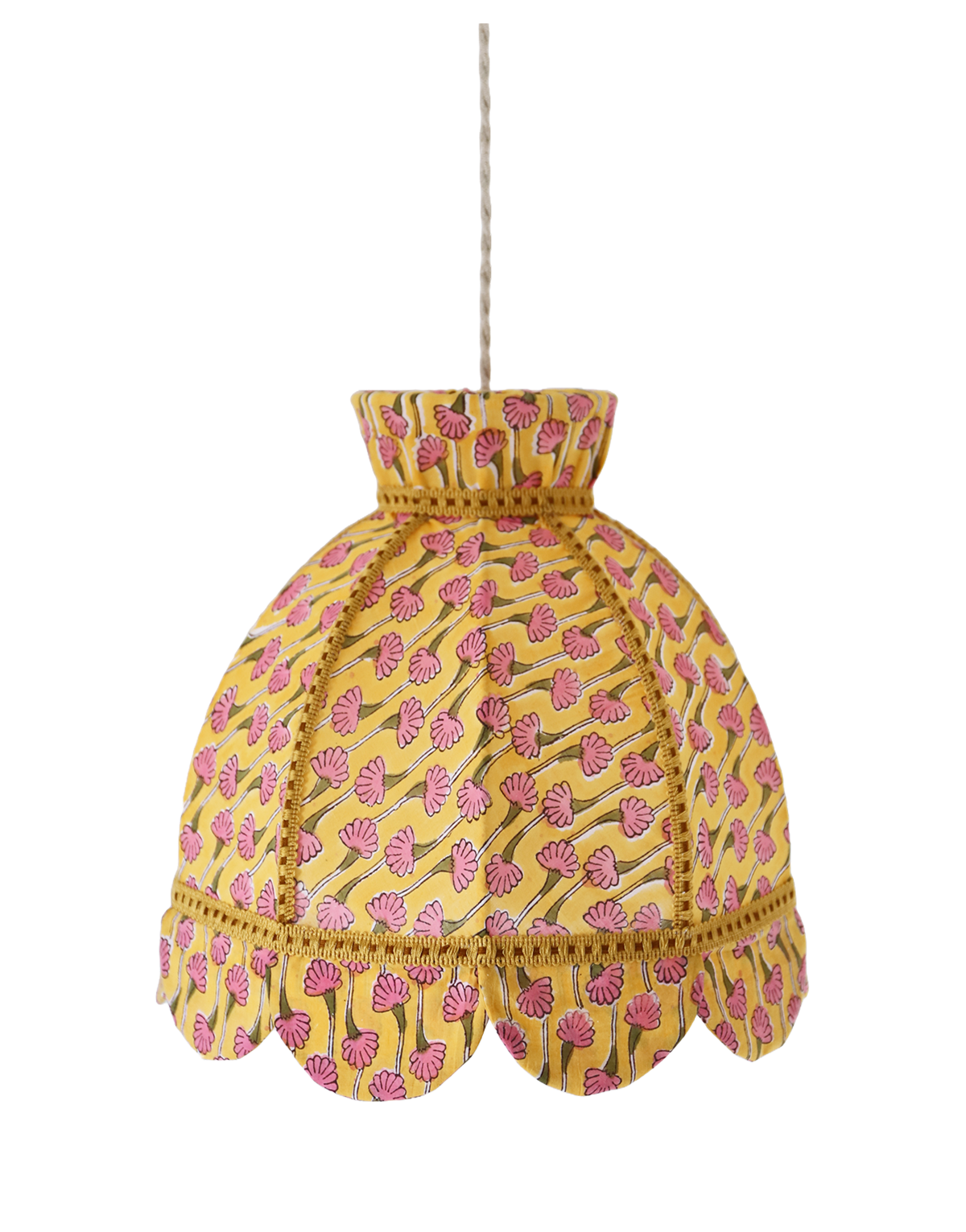 Suspension vintage textile imprimée, forme dôme avec petite couronne