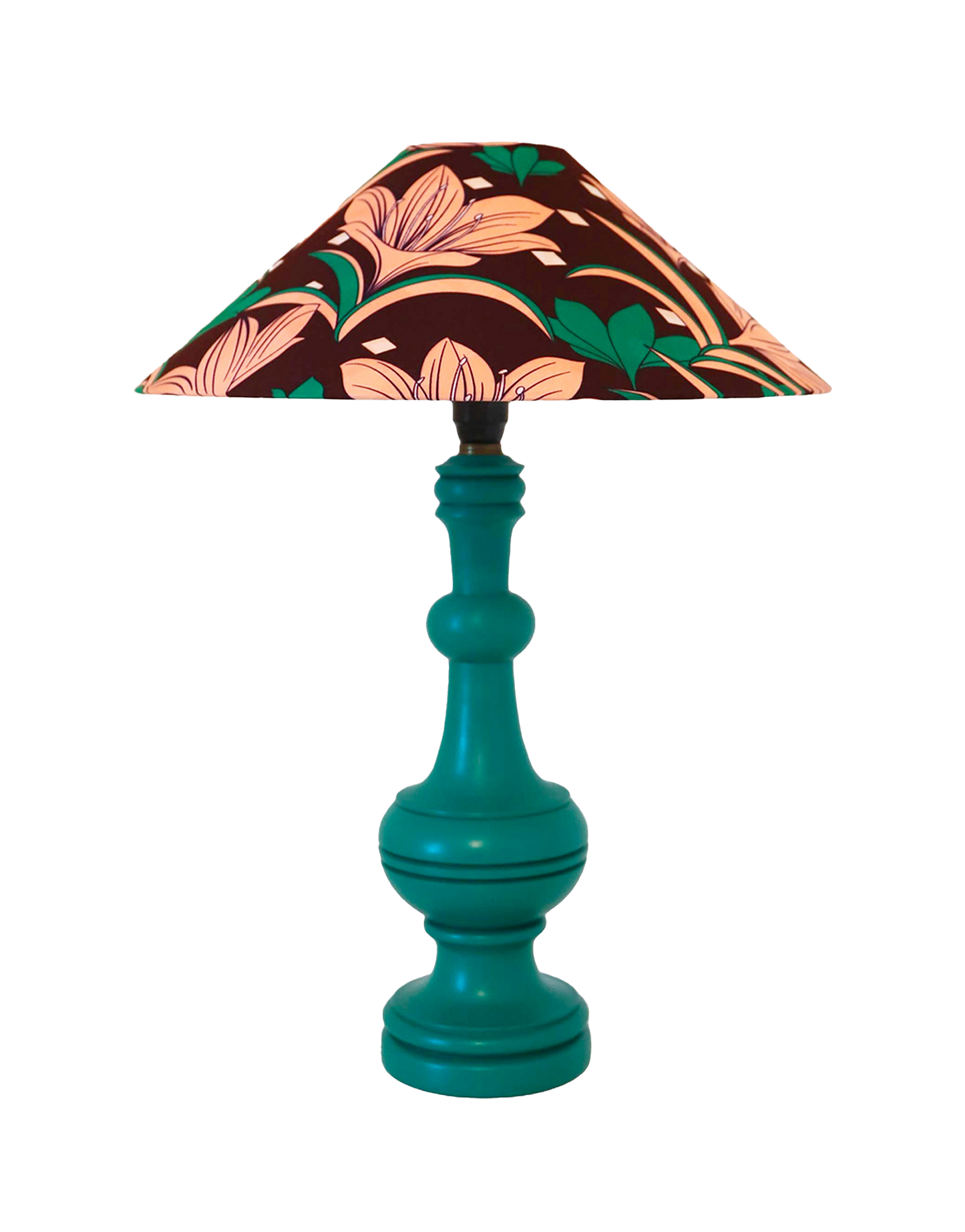 Lampe à poser ancienne, pied en bois et abat-jour conique imprimé