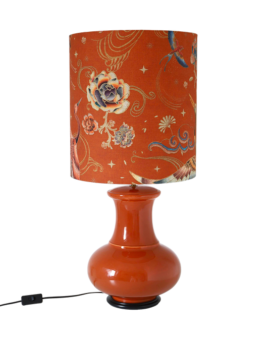 Lampe à poser vintage, pied en céramique et abat-jour imprimé