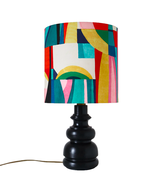 Lampe à poser vintage, pied bois massif et abat-jour multicolore