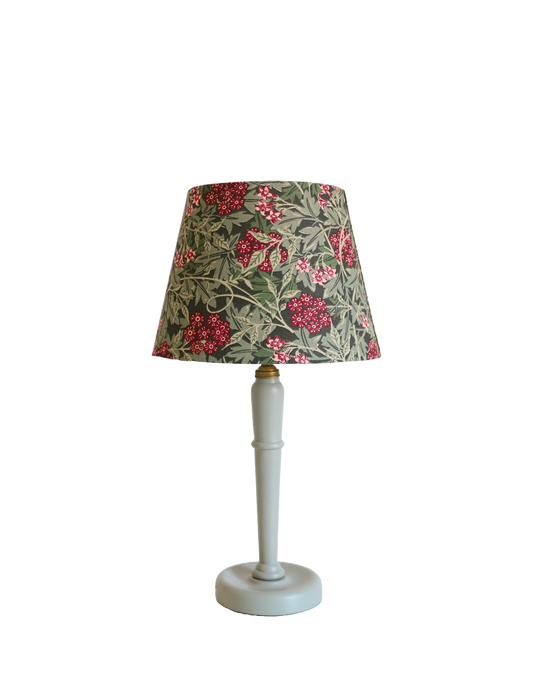 Lampe à poser, pied en bois et abat-jour ancien imprimé