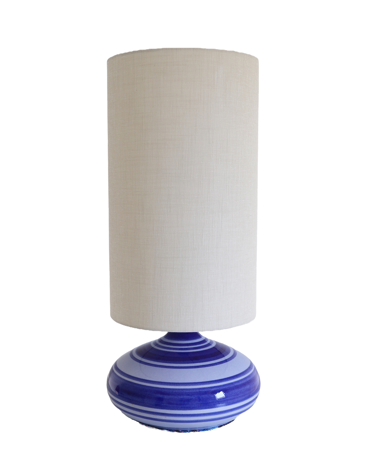 Lampe à poser, pied rayé en céramique bleu et abat-jour uni
