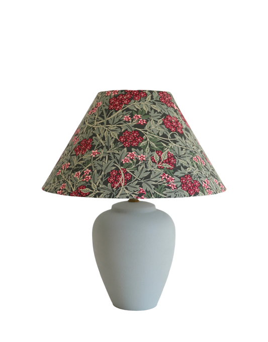 Lampe à poser, pied en céramique mate et abat-jour trapèze imprimé
