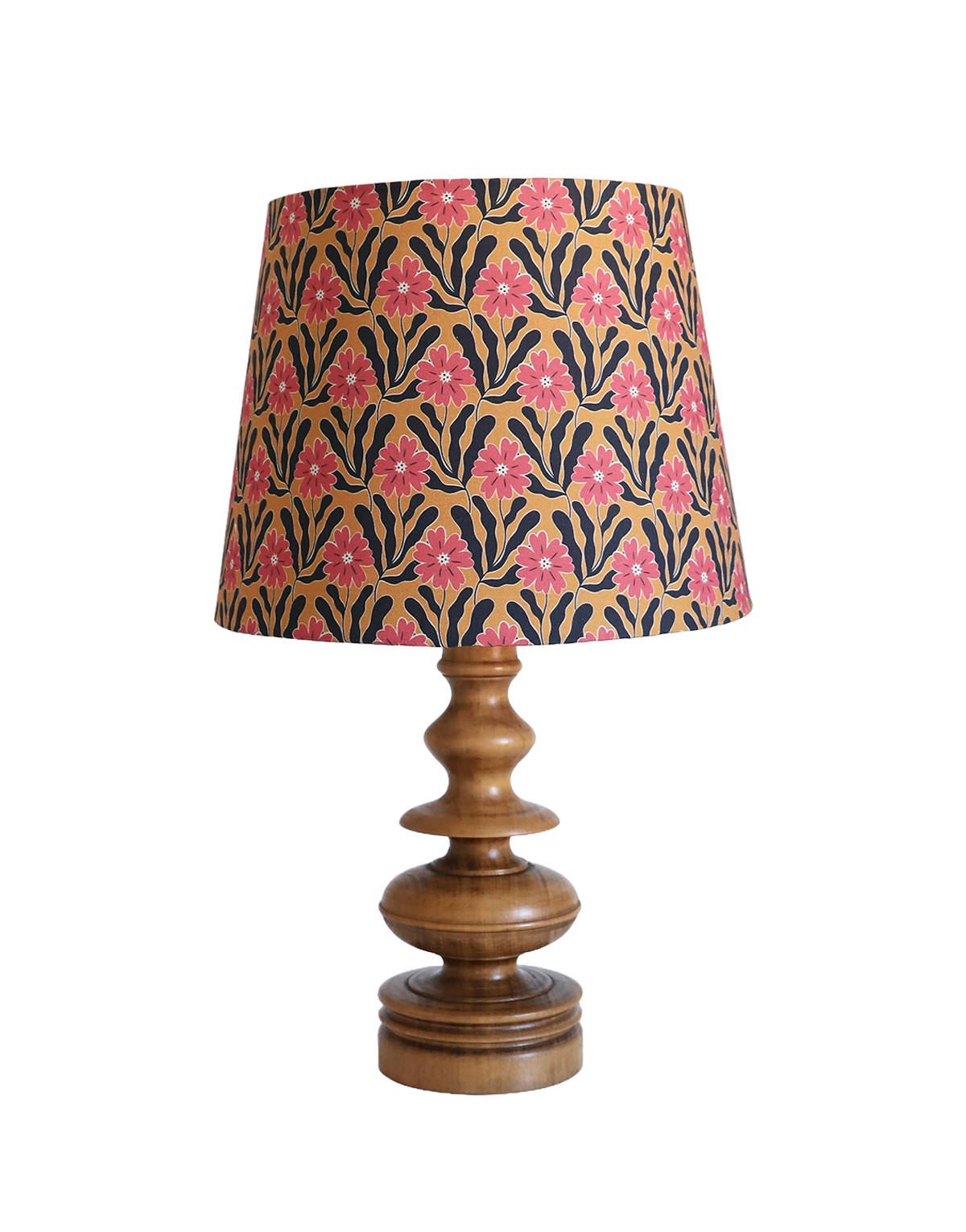 Lampe à poser, pied en bois tourné et abat-jour imprimé