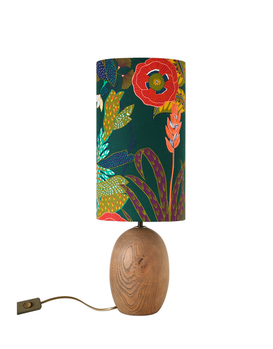 Lampe Upcyclée Mid-Century, Pied Bois et Abat-jour Jungle Florale