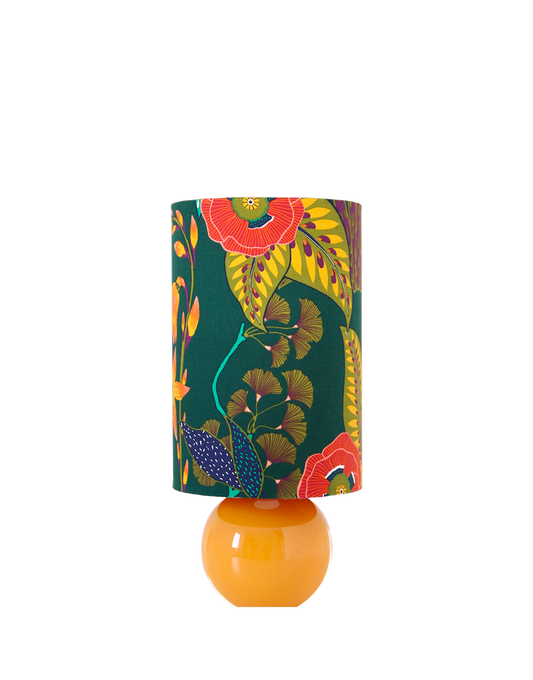 Lampe à poser, pied en céramique émaillée jaune et abat-jour imprimé