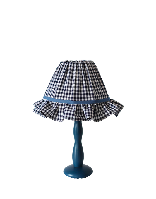 Lampe à poser, pied en bois bleu et abat-jour avec volant