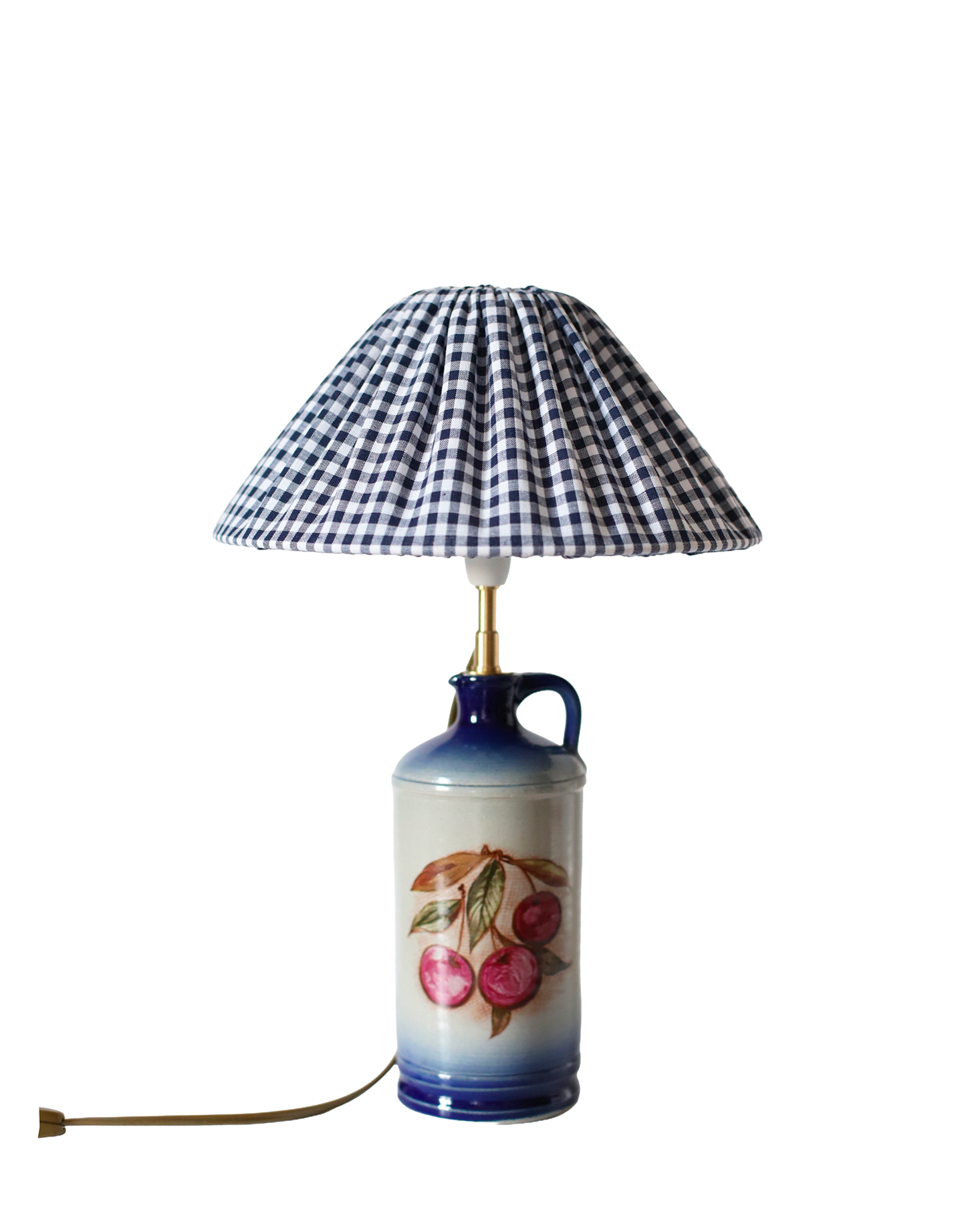 Lampe à poser vintage Hautlalampe : pied en grès d’Alsace bleu et abat-jour Vichy plissé