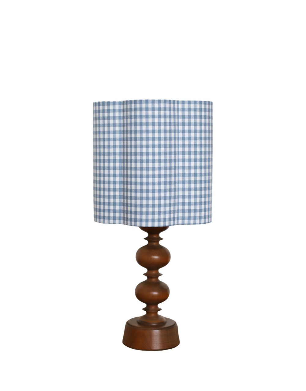 Lampe à poser, pied en bois tourné 1960 et abat-jour vichy bleu ciel