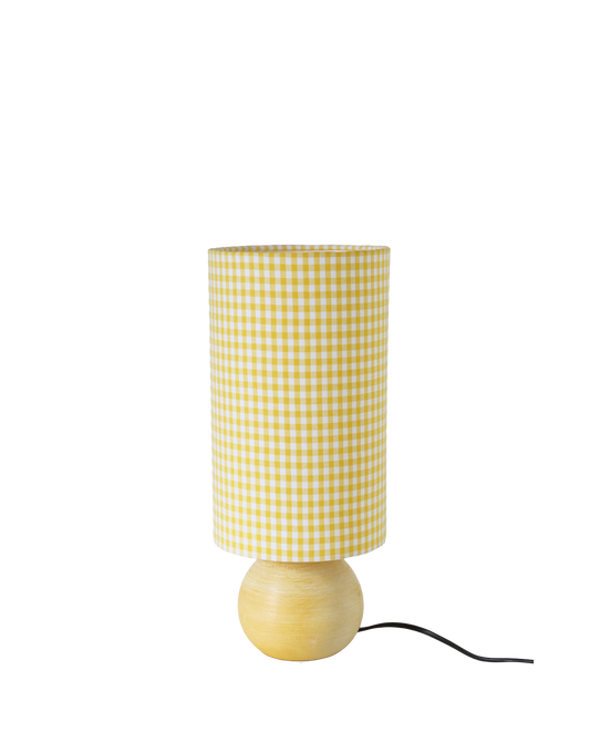 Lampe à poser vintage – Bois tourné et Vichy jaune