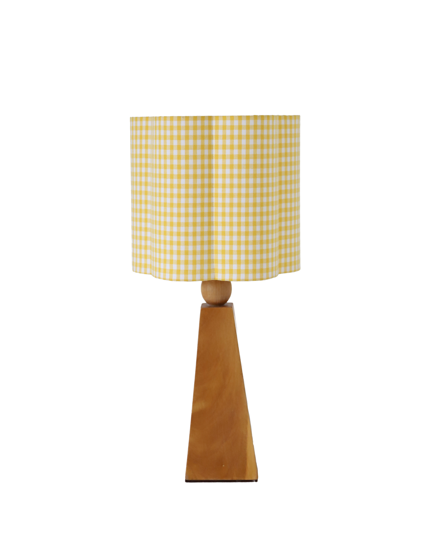 Lampe à poser vintage « Géométrie Solaire » – Bois sculpté et Abat-jour Vichy ondulé