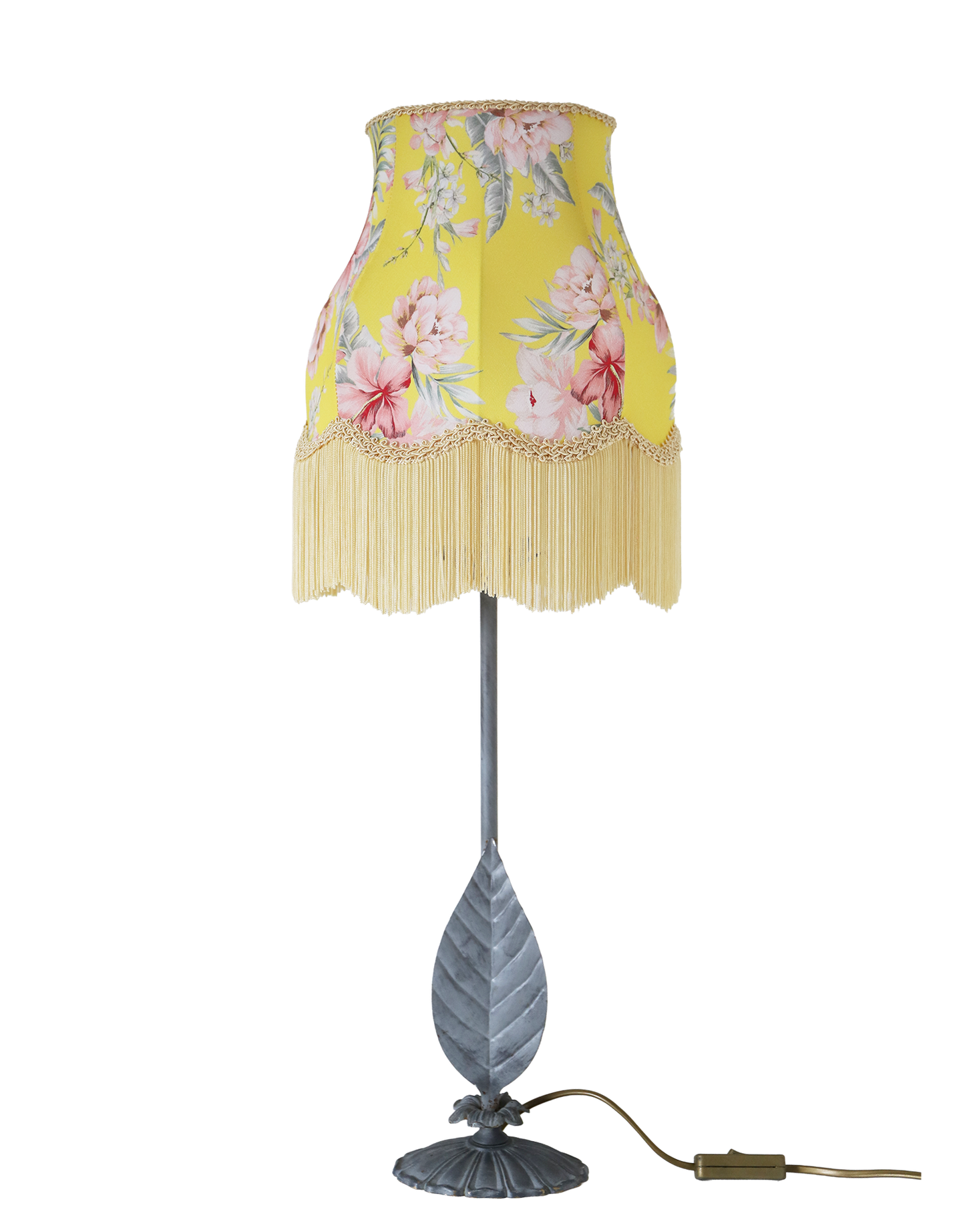 Lampe à poser – Pied vintage et Abat-jour Floral à Franges