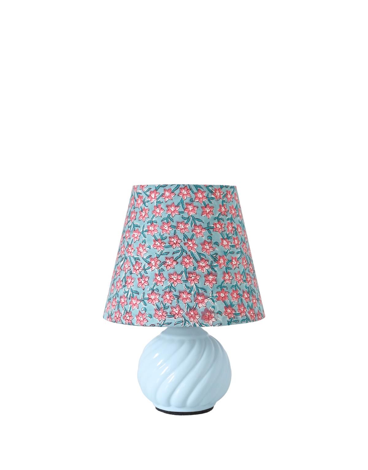 Lampe vintage recyclée — pied céramique bleu torsadé, abat-jour fleuri