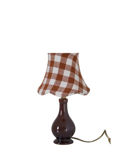 Lampe vintage recyclée — pied céramique brun, abat-jour vichy terracotta