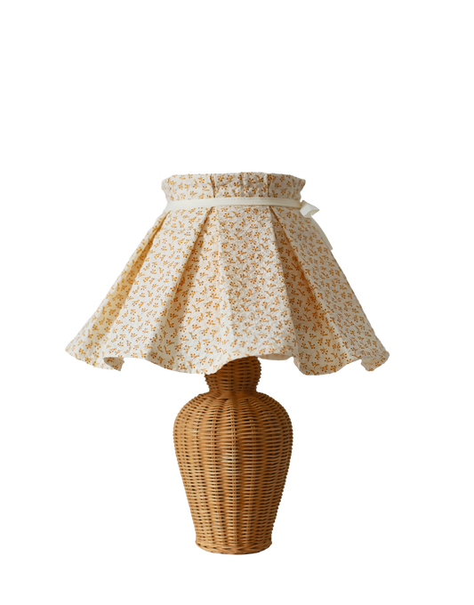 Lampe à poser, pied en rotin années '70 et abat-jour plissé amovible
