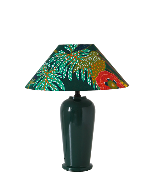 Lampe à poser, pied en céramique émaillée vert et abat-jour conique imprimé