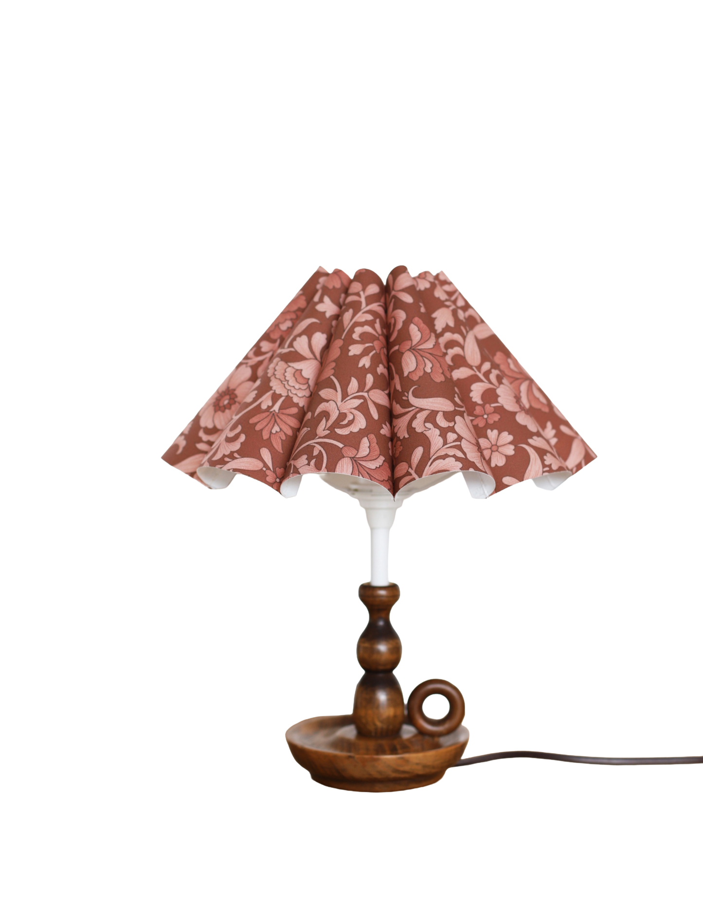 Lampe à poser, pied en bois tourné 1950 et abat-jour accordéon festonné