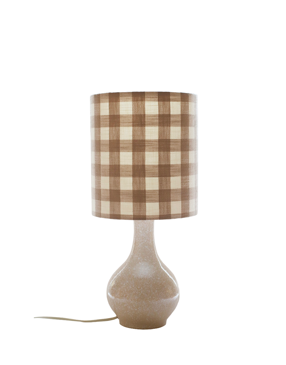 Lampe à poser vintage, pied en céramique années 50 et abat-jour vichy beige