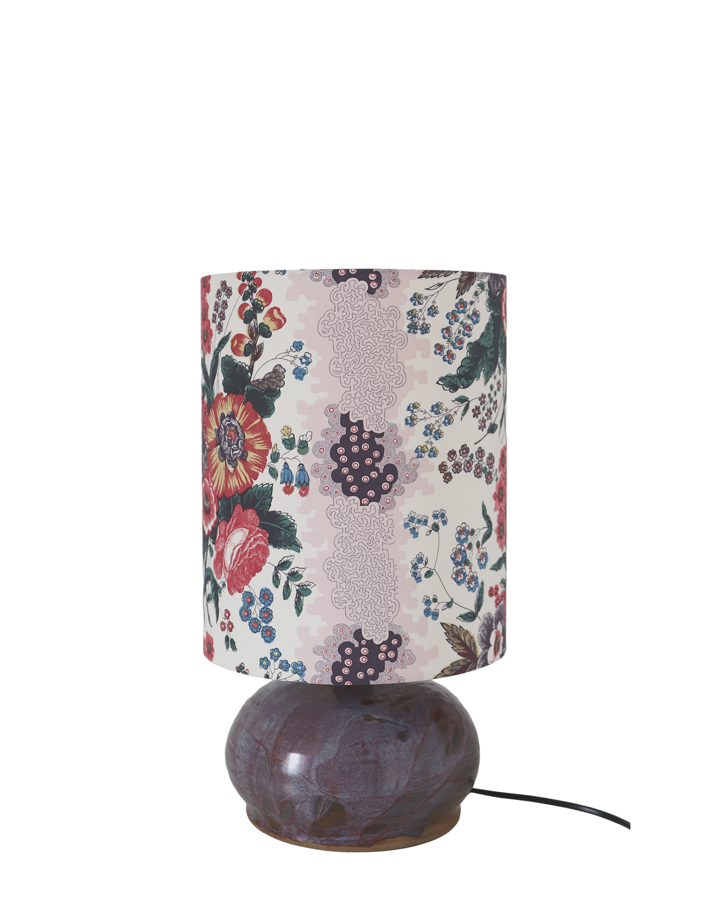 Lampe vintage recyclée — Céramique artisanale prune et abat-jour Fleurs anciennes