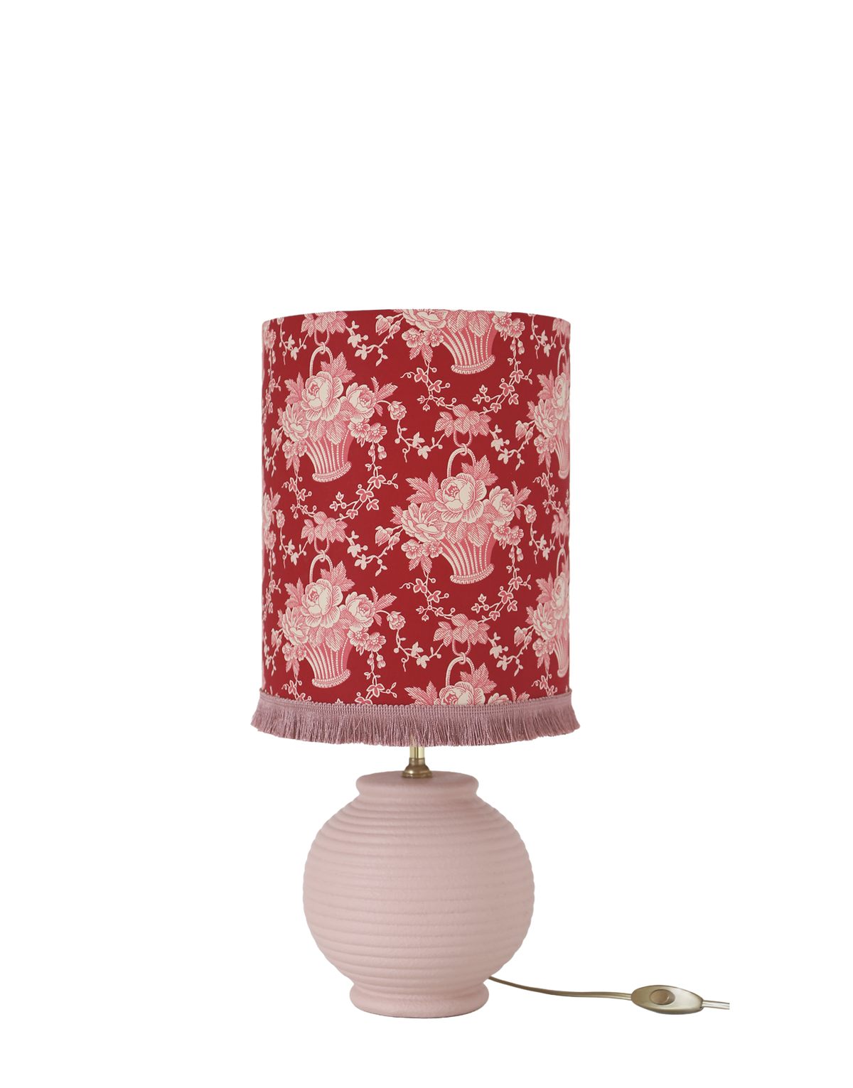 Lampe vintage recyclée — Pied en céramique rose et abat-jour Toile Rouge