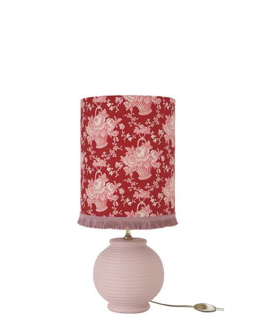 Lampe vintage recyclée — Pied en céramique rose et abat-jour Toile Rouge
