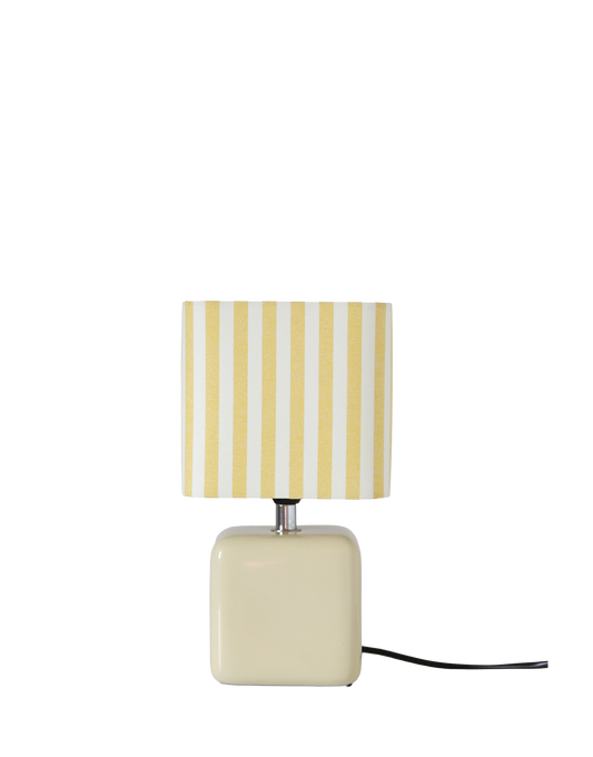 Upcycled vintage lamp — vanilla ceramic cube base, striped lampshade