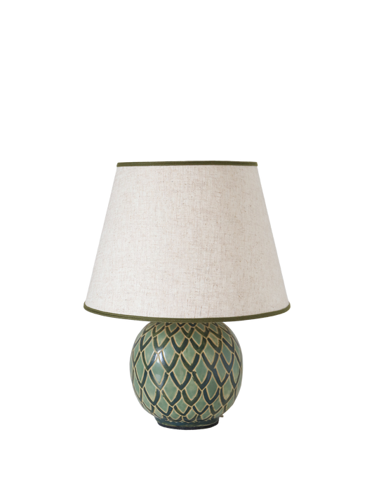 Upcycled vintage lamp — Art Deco ceramic sphere base and linen lampshade