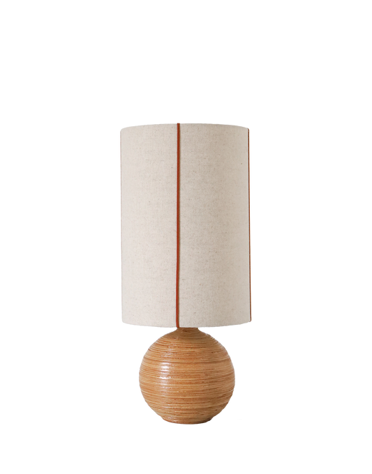 Lampe vintage recyclée — pied céramique miel, abat-jour lin naturel