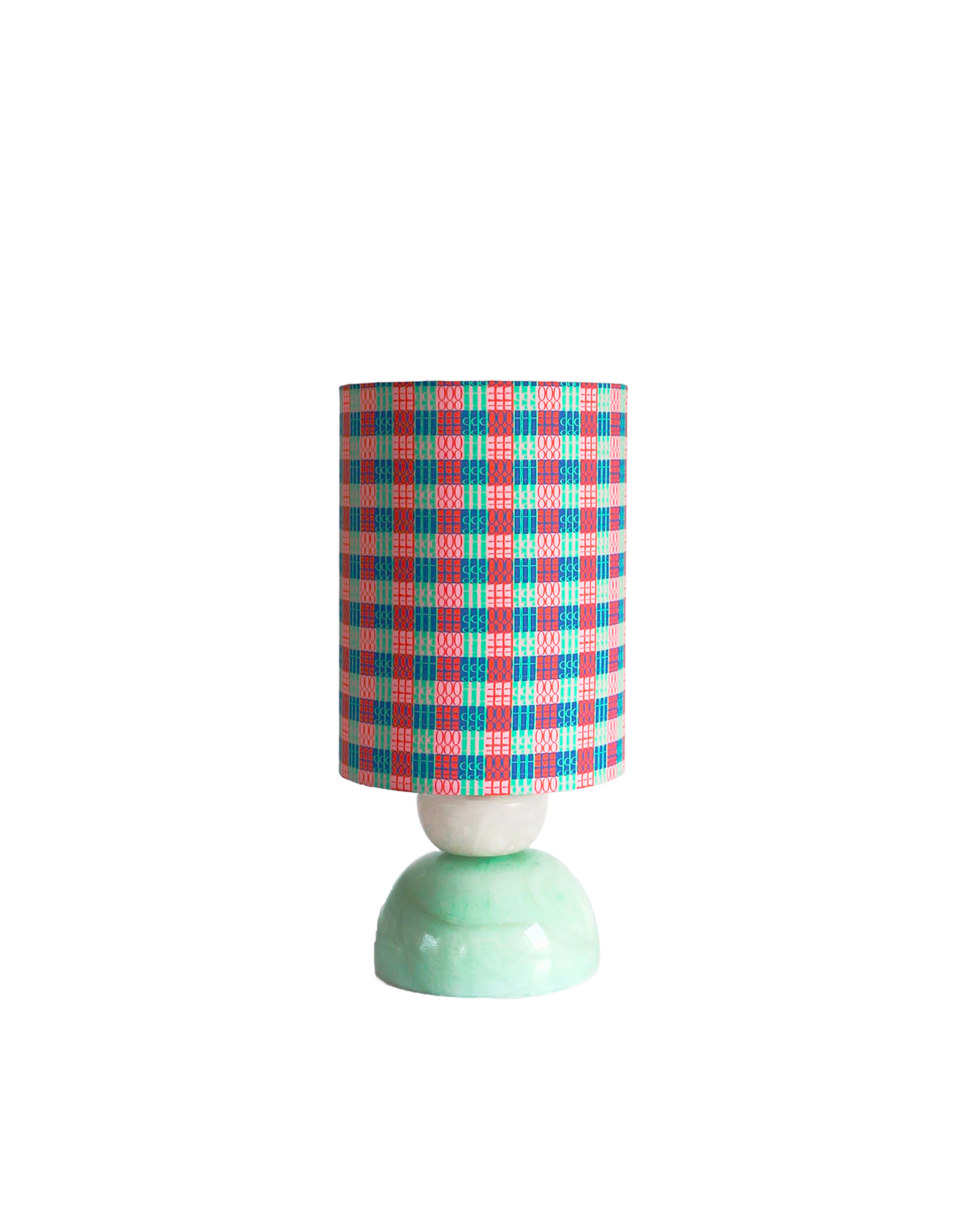 Lampe à poser vintage, pied en pierre bicolore et abat-jour imprimé